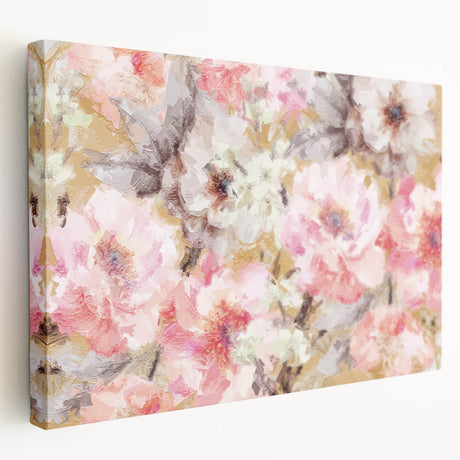 Abstract floral stretched canvas artwork displayed from a side view, showcasing vibrant colors and intricate designs, ideal for modern home decor. Perfect for adding a touch of elegance to any interior space.