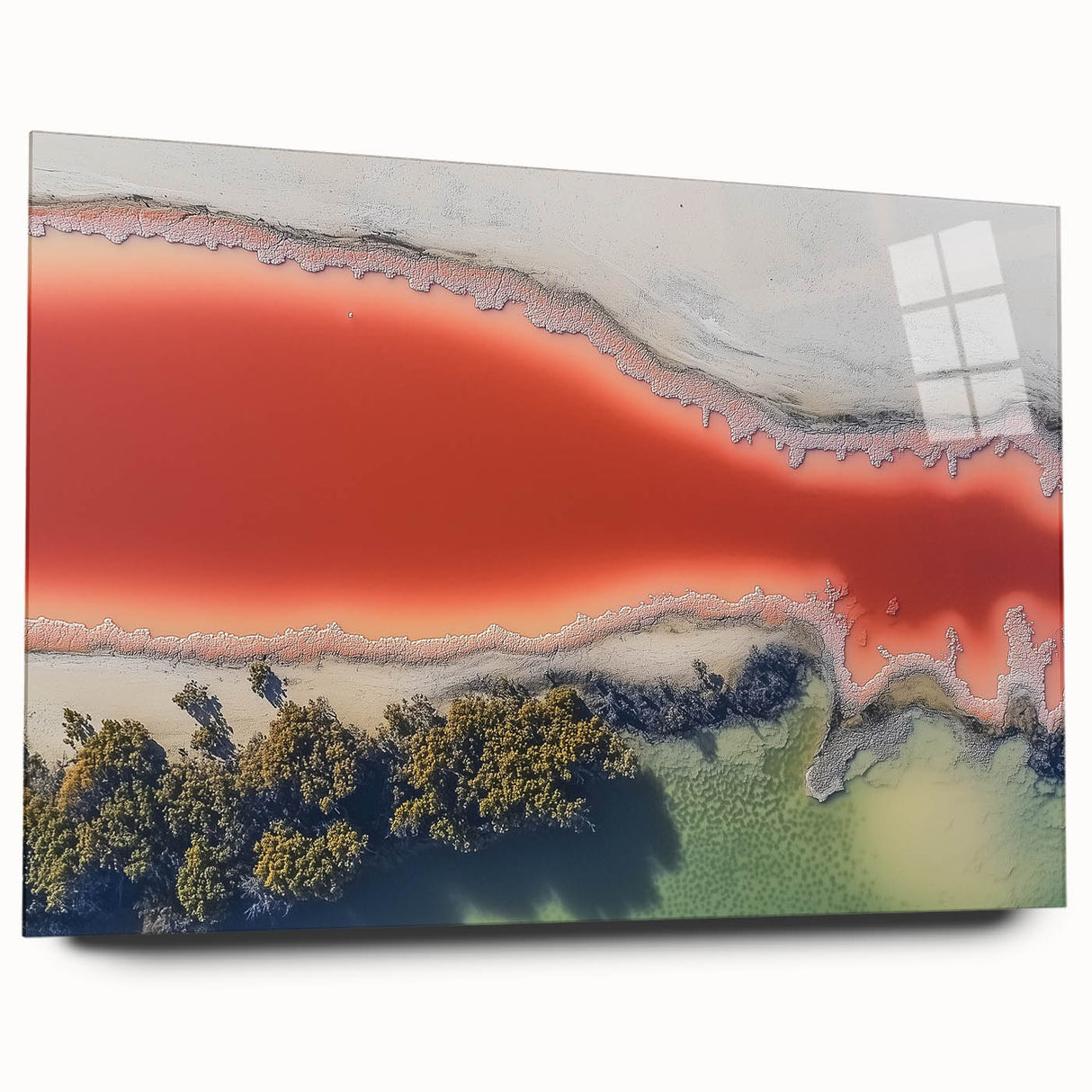 Abstract landscape artwork displayed on acrylic glass, showcasing vibrant colors and dynamic shapes in a side view. Perfect for modern decor and artistic settings.