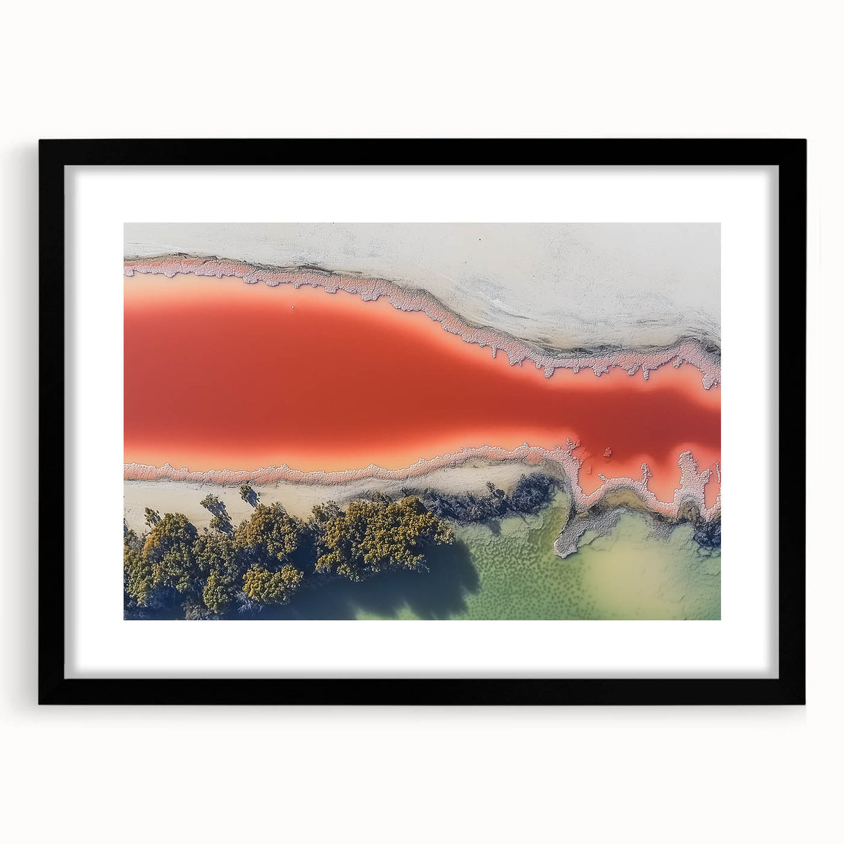 Elegant black-framed abstract landscape artwork with a mat, showcasing a serene blend of earthy tones and modern design elements, perfect for enhancing any interior space.