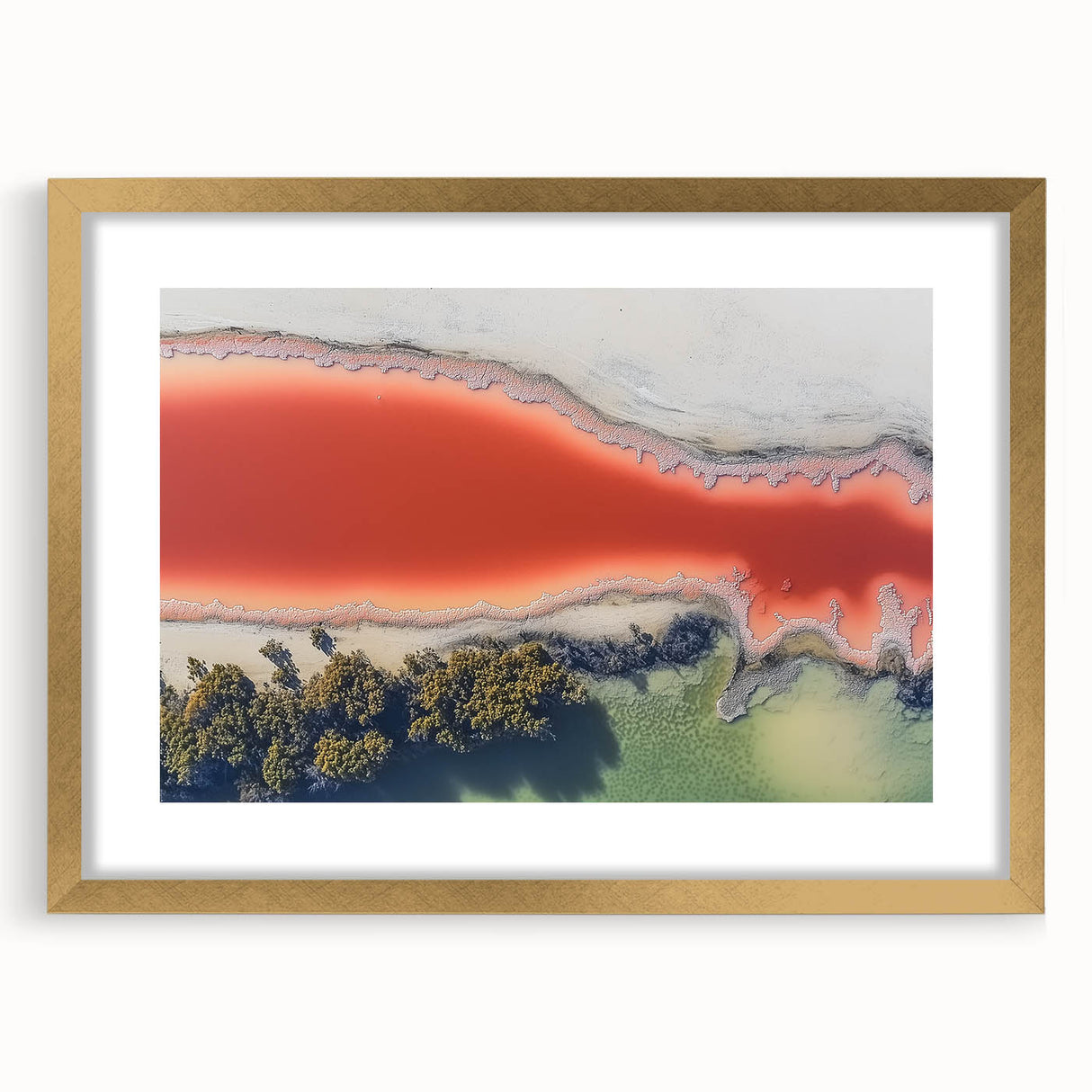 Abstract landscape framed artwork with a gold mat, showcasing vibrant colors and intricate details, perfect for enhancing modern home decor or office spaces.