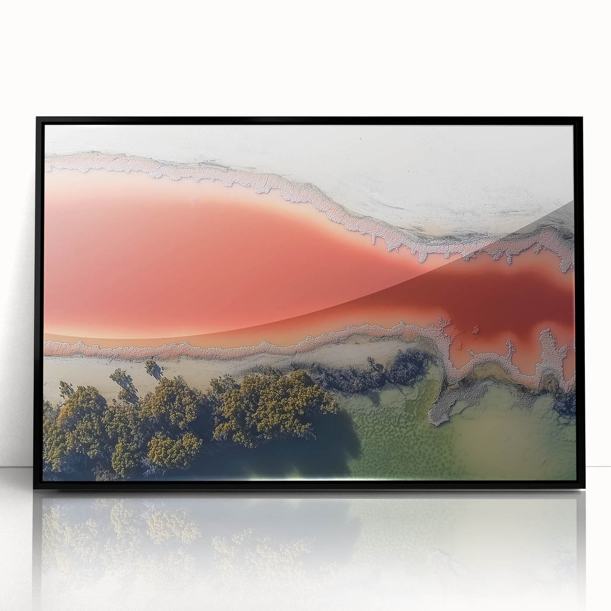 Framed abstract landscape artwork showcasing vibrant colors and fluid forms, set in a sleek black frame. Ideal for modern home decor, enhancing any space.