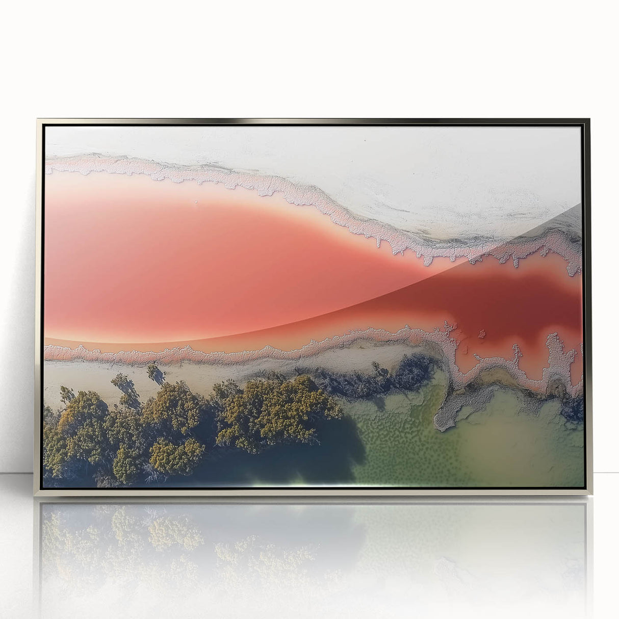 Framed acrylic artwork showcasing a vibrant abstract landscape in silver tones, perfect for modern home decor, adding a touch of elegance and sophistication.
