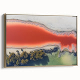 Framed canvas artwork showcasing an abstract landscape design with gold accents, viewed from the side to highlight its depth and elegance, perfect for modern decor.