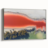 Framed abstract landscape canvas artwork with a silver frame, showcasing vibrant colors and dynamic shapes, ideal for modern home decor or office spaces.