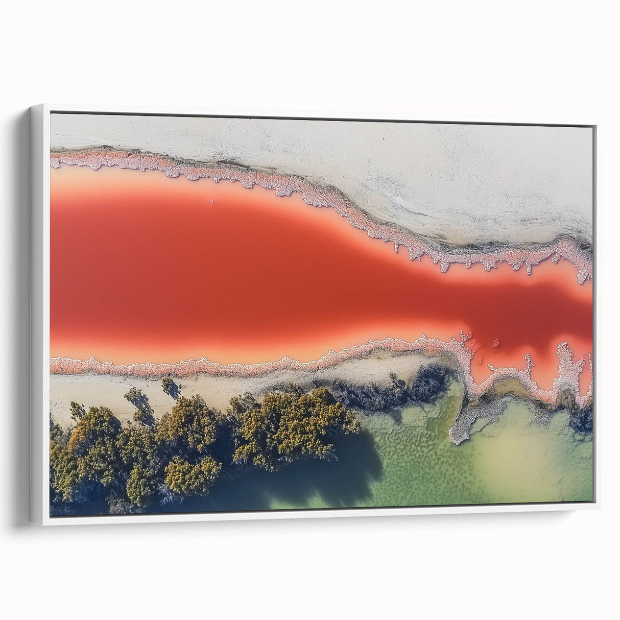 Framed abstract landscape canvas artwork showcasing a serene white and gray color palette, perfect for modern home decor. Side view highlights the sleek frame and artistic design.