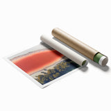 Abstract landscape print showcasing vibrant hues of blue and orange, elegantly rolled and packaged in a protective cardboard tube, perfect for home decor.