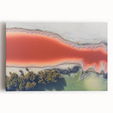 Abstract landscape canvas art showcasing vibrant blues, greens, and earthy tones, elegantly stretched for wall display, perfect for modern home decor.