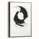 Framed abstract minimalist wall art featuring a sleek black design, displayed in a modern setting with a side view, ideal for contemporary home decor.