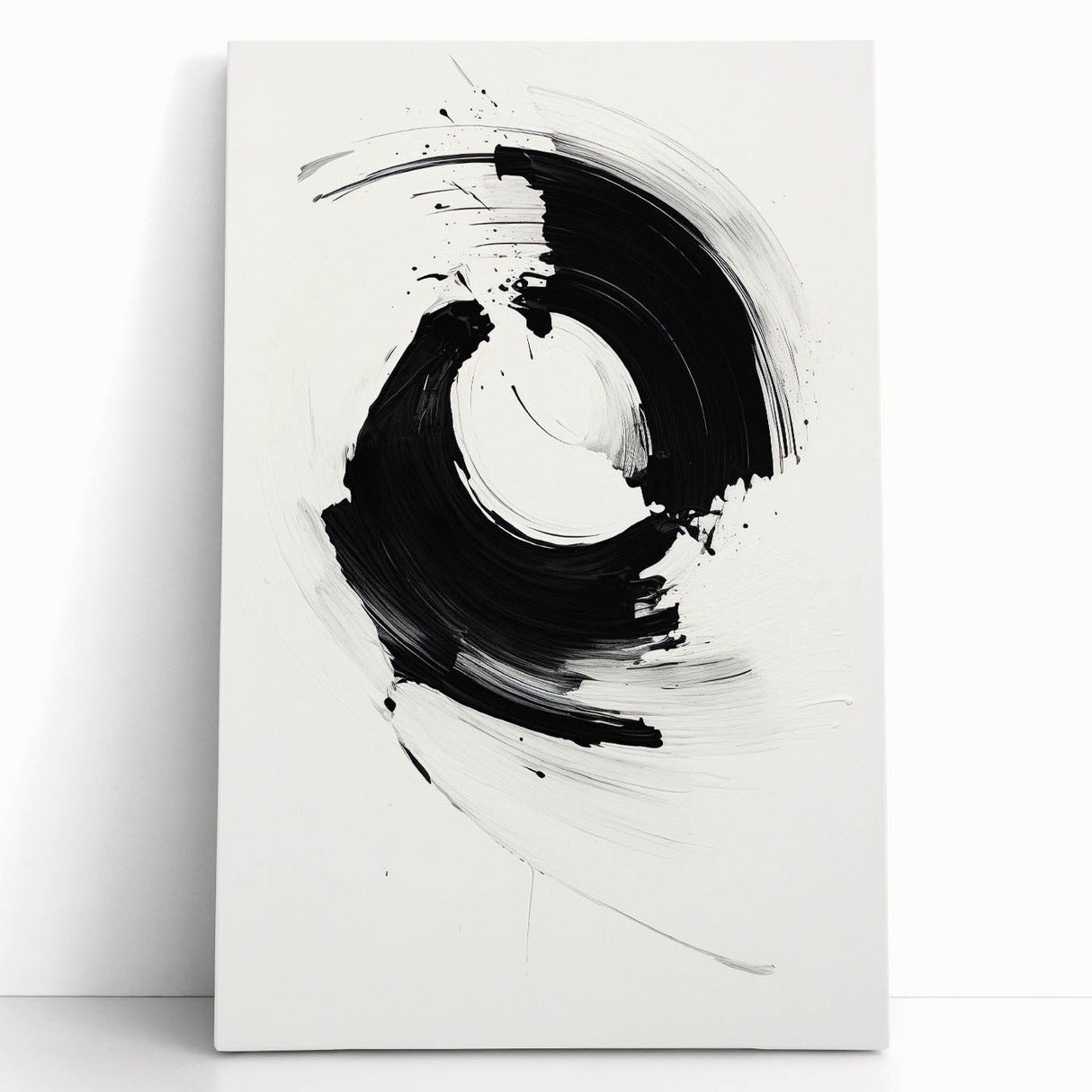 Abstract minimalist wall art on stretched canvas, featuring soft pastel colors and geometric shapes, elegantly leaning against a neutral wall, perfect for modern decor.