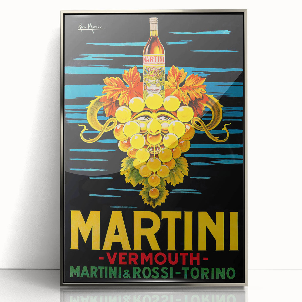 Mid-century modernist art depicting various food and drinks in muted colors on a silver-framed acrylic print.