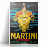 Art deco poster featuring stylized food and drink motifs in black and white, framed in acrylic.