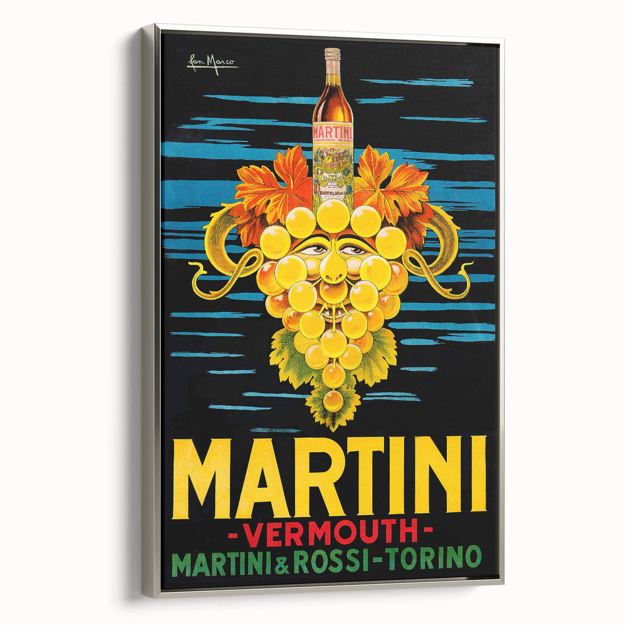 Framed canvas depicting vintage poster art of a colorful landscape, ideal for enhancing a dining room's decor.