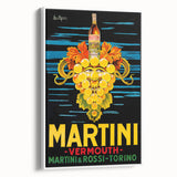 Vintage poster art of colorful food and drinks on a large framed canvas, ideal for living room decor.