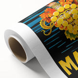 Art deco poster of food and drinks on rolled canvas, featuring pastel shades, suitable for dining room wall art.