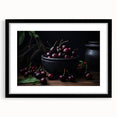 Extra large abstract art print featuring vibrant, colorful fruit motifs on a textured canvas, framed with black mat.
