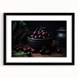 Extra large abstract art print featuring vibrant, colorful fruit motifs on a textured canvas, framed with black mat.