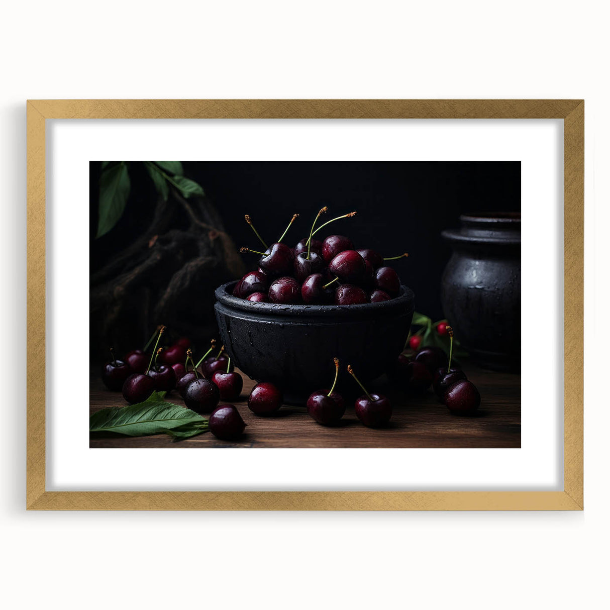 Extra large abstract art print featuring textured fruits in vibrant colors on a gold-framed canvas.