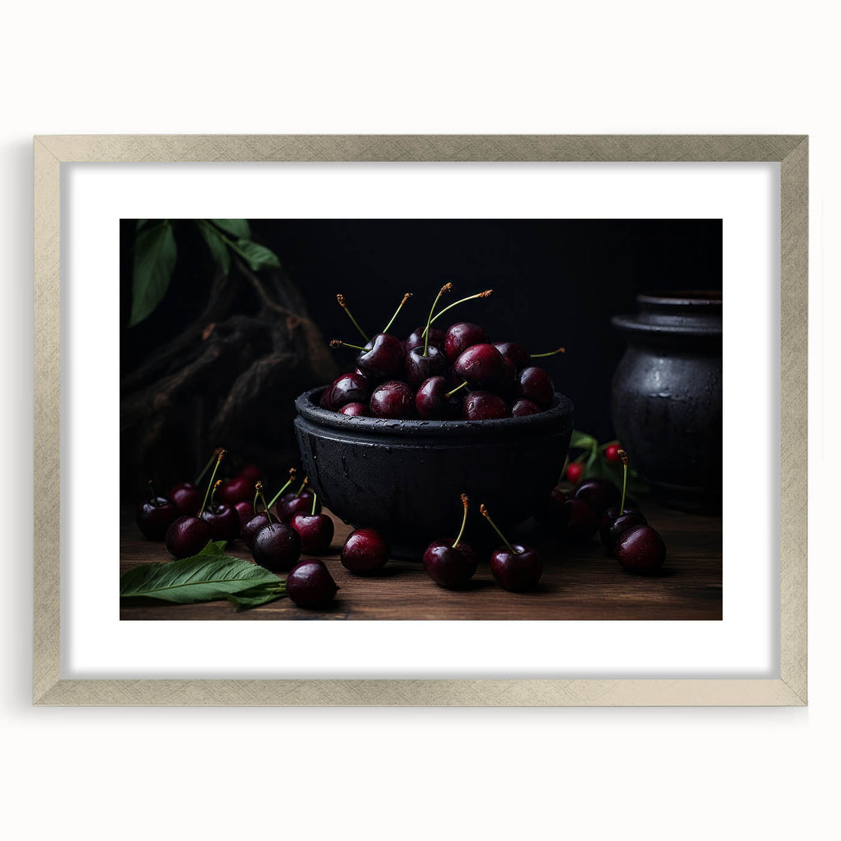 Textured abstract art print of assorted fruits in muted earth tones, framed with a silver mat, ideal for bedroom decor.
