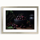 Textured abstract art print of assorted fruits in muted earth tones, framed with a silver mat, ideal for bedroom decor.