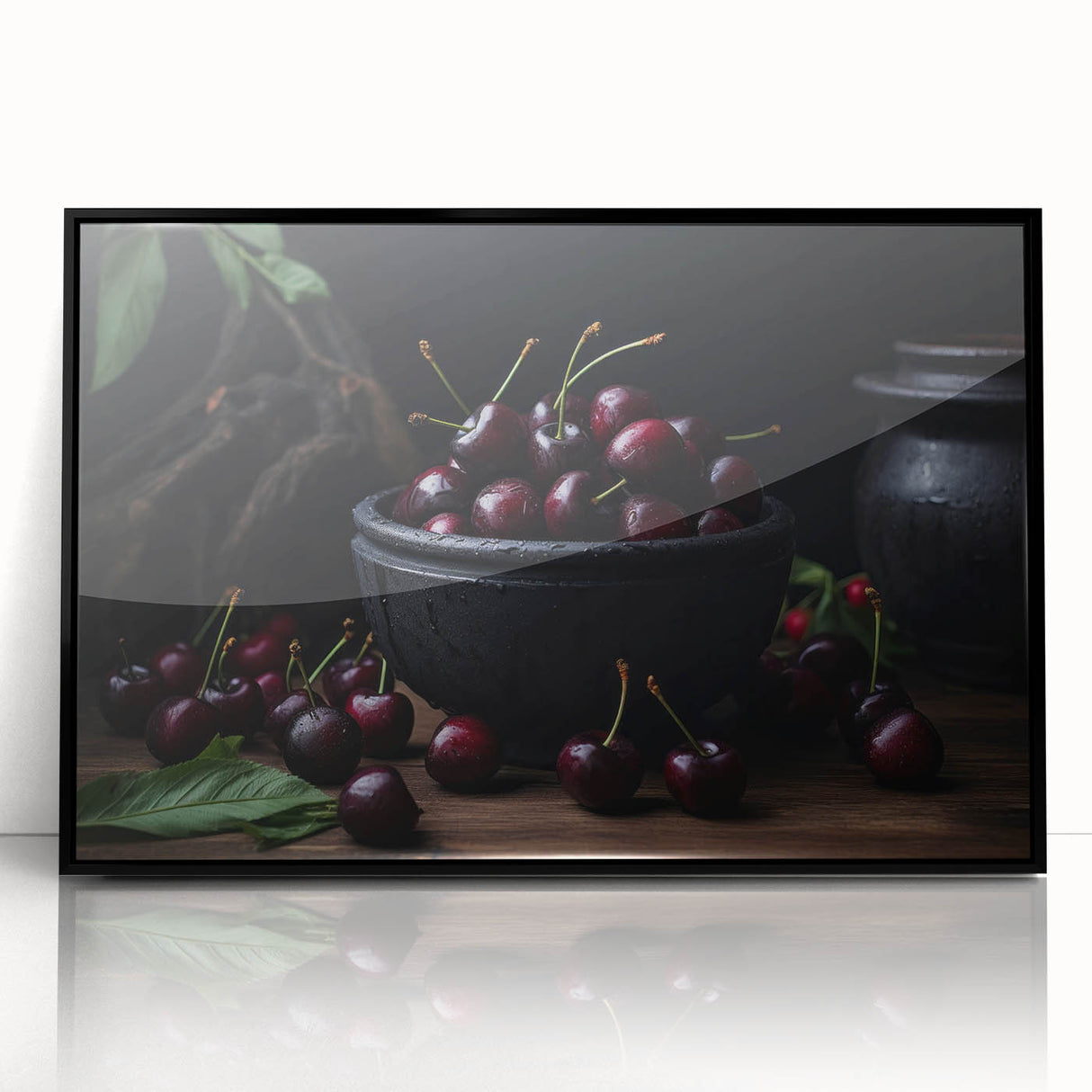 Large abstract wall art featuring assorted fruits in bold colors on a black acrylic framed piece.