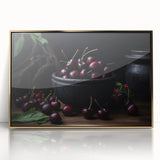 Large art print of assorted fruits in vibrant colors on a gold-framed acrylic, styled in mid-century modernist.