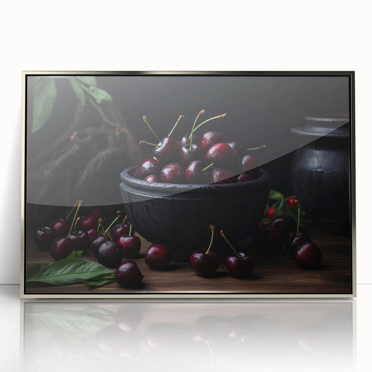 Mid-century modernist art depicting assorted fruits in vibrant colors on a silver-framed acrylic print.