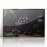 Mid-century modernist art depicting assorted fruits in vibrant colors on a silver-framed acrylic print.