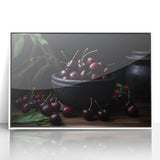 Art Deco poster featuring assorted fruits in bold colors on a white acrylic framed print, suitable for modern kitchen decor.