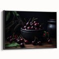 Black and white framed canvas featuring a vintage poster-style landscape with fruit motifs, suited for bedroom decor.