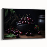Black and white framed canvas featuring a vintage poster-style landscape with fruit motifs, suited for bedroom decor.