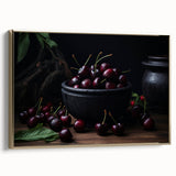 Framed canvas featuring a vintage poster of assorted fruits in gold and black, ideal for bedroom wall art.