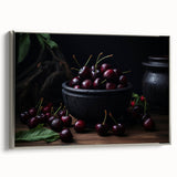 Landscape art painting of colorful fruits on a black background, framed in silver, ideal for kitchen wall decor.