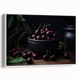Vintage poster art of colorful fruits on a large framed canvas, ideal for living room decor.