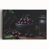 Black and white stretched canvas featuring an assortment of fruits, ideal for kitchen wall art.