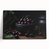 Large black and white stretched canvas of assorted fruits, ideal for kitchen wall art.