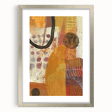 Textured art print of abstract fall foliage in warm orange and red tones, framed in silver, ideal for bedroom wall decor.