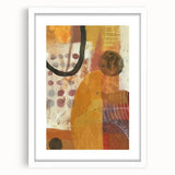 Abstract art print featuring warm autumnal colors in a white frame, ideal for dining room decor.
