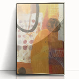 Mid-century modernist art depicting an abstract fall scene in warm orange and brown tones, framed in silver acrylic.
