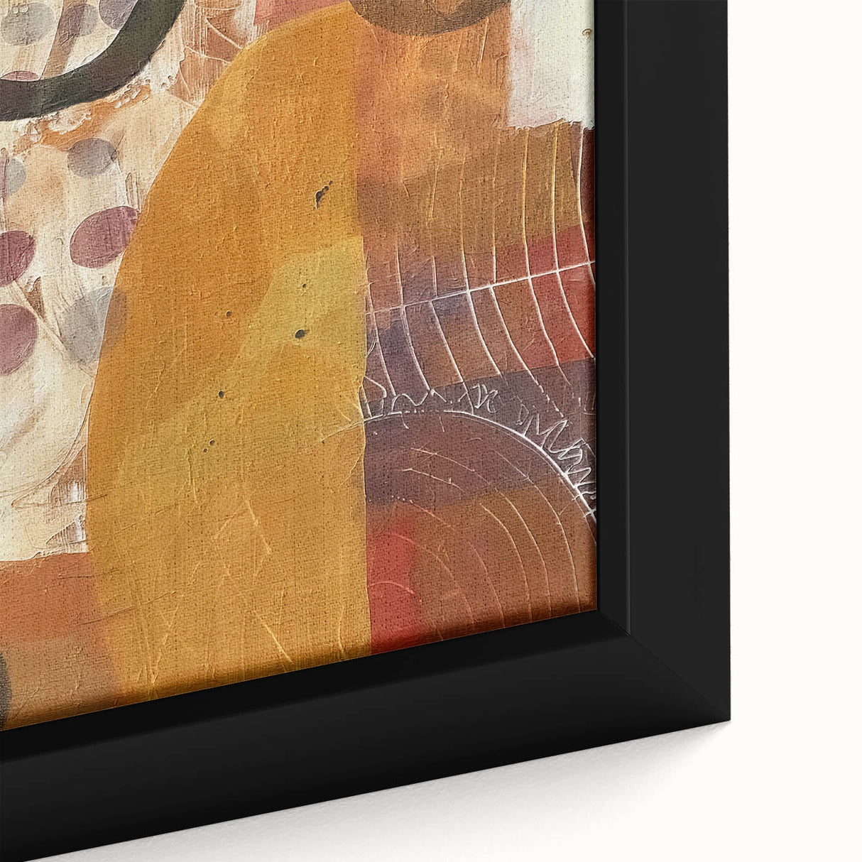 Close-up of extra large framed canvas featuring textured, colorful art with black accents, ideal for living room decor.