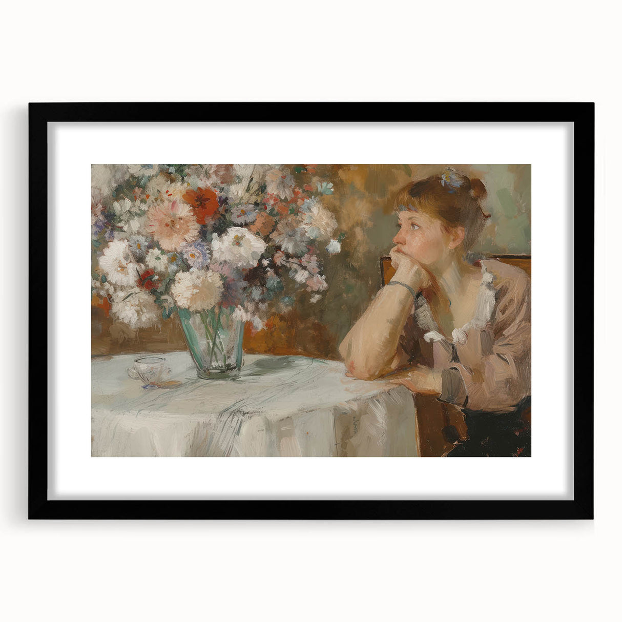 Abstract figurative artwork framed in black with a mat, showcasing a modern design that enhances contemporary decor in living spaces or galleries.