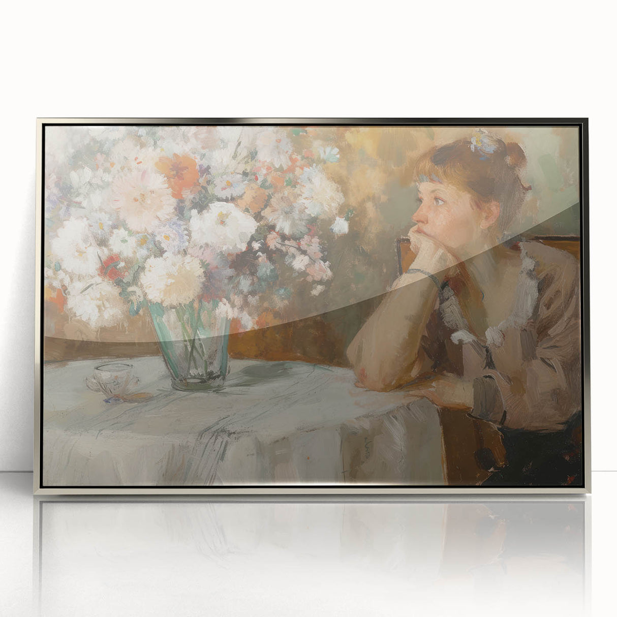 Framed abstract figurative artwork featuring elegant silver accents and dynamic shapes, ideal for modern home decor. Perfect for adding a sophisticated touch to any room.