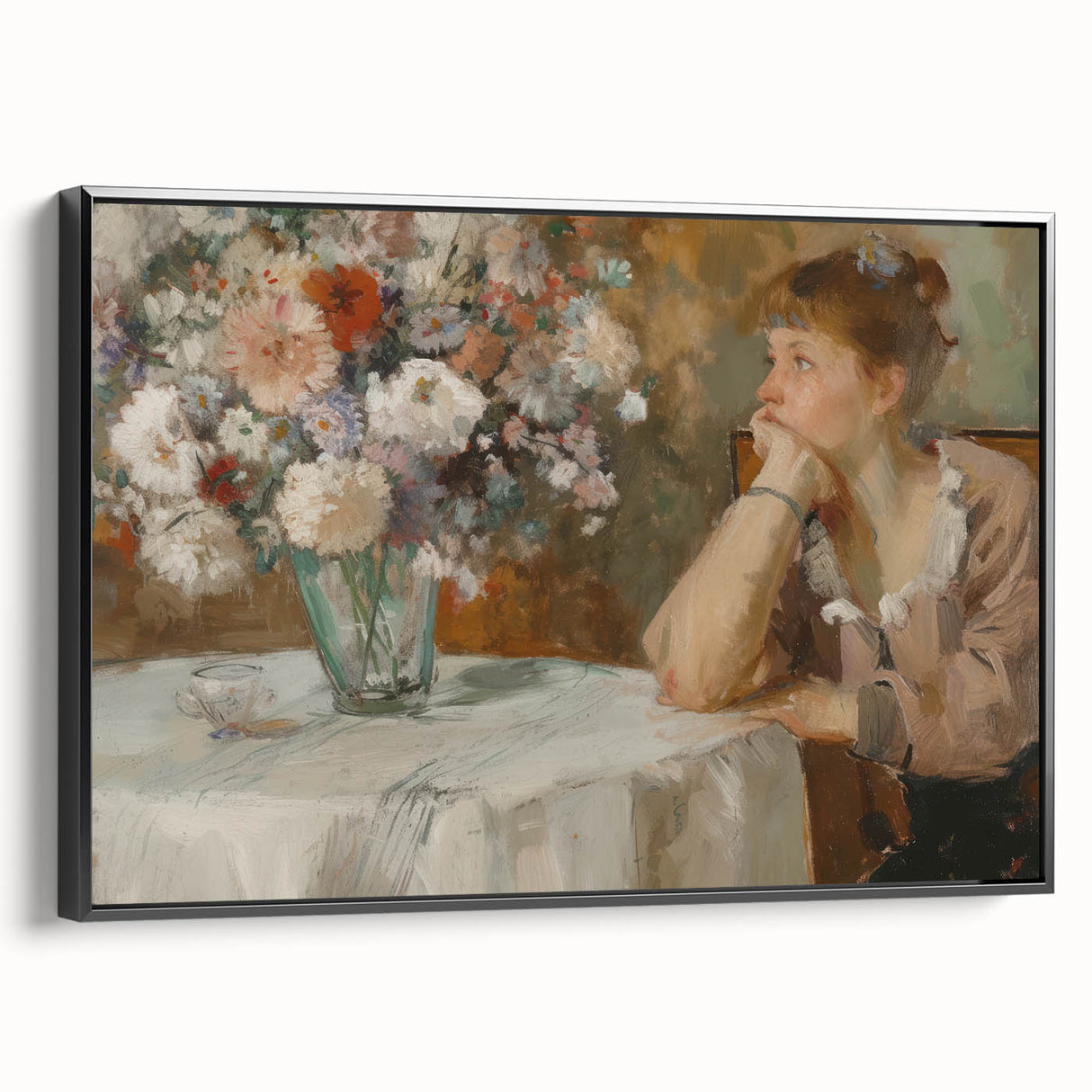 Framed abstract figurative wall art featuring a black side view, showcasing dynamic shapes and rich textures, perfect for modern home decor and artistic expression.