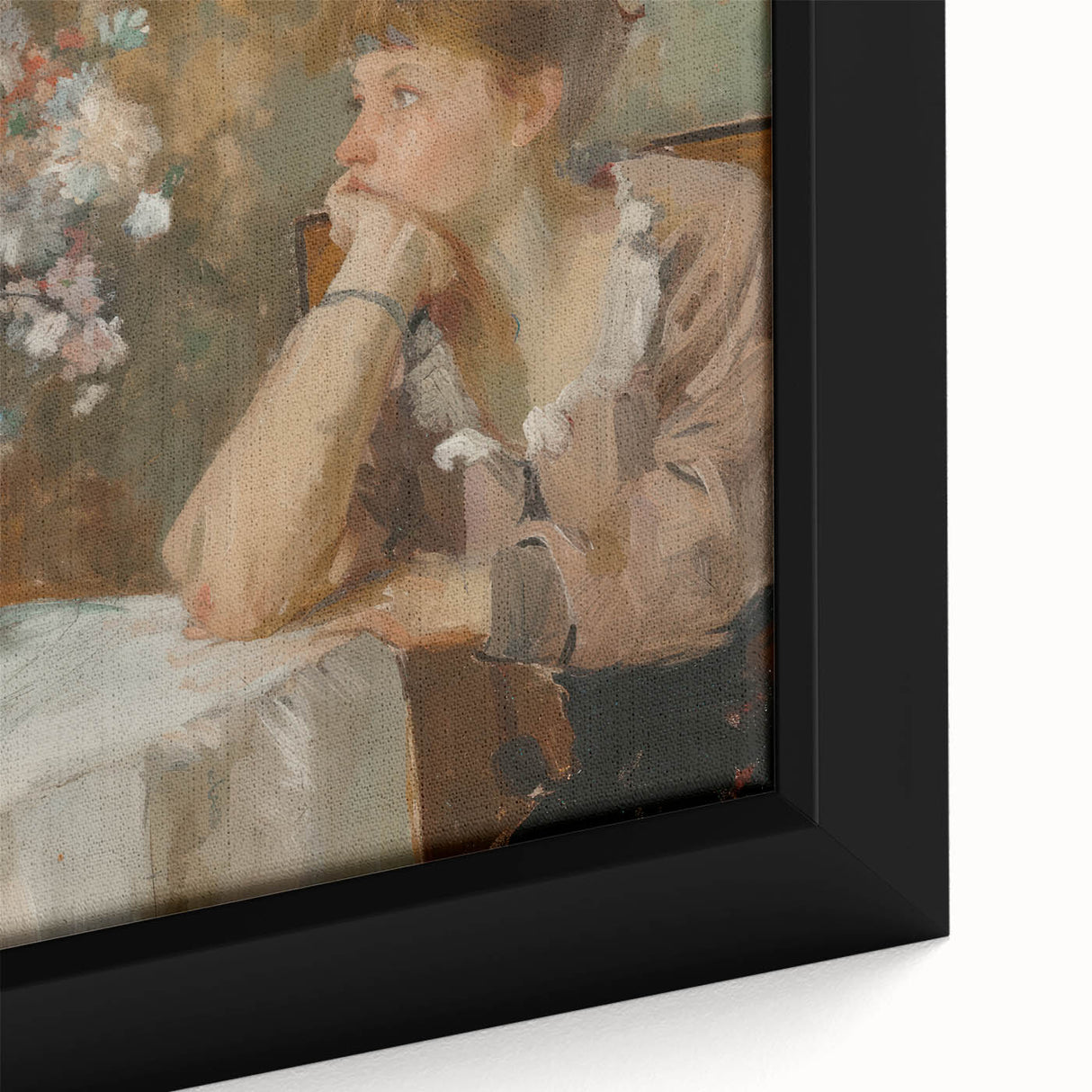 Close-up of a textured abstract figurative framed canvas artwork, showcasing vibrant colors and intricate patterns, ideal for modern home decor accentuating artistic flair.