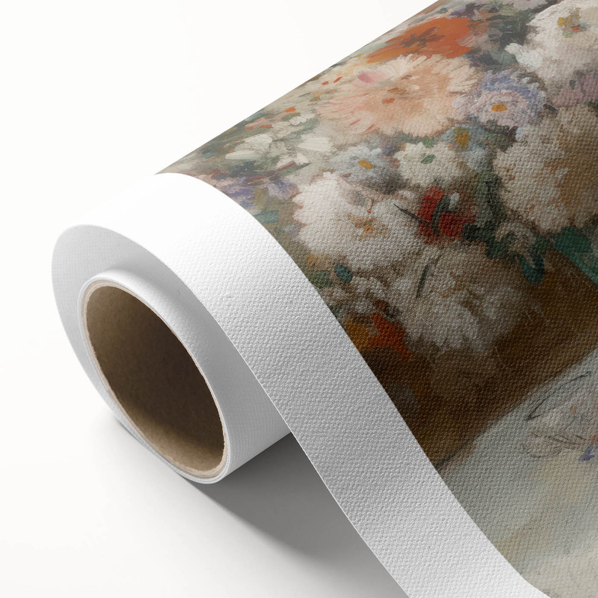Abstract figurative artwork on rolled canvas, showcasing vibrant colors and dynamic shapes, elegantly packaged in a protective cardboard tube for easy storage and display.