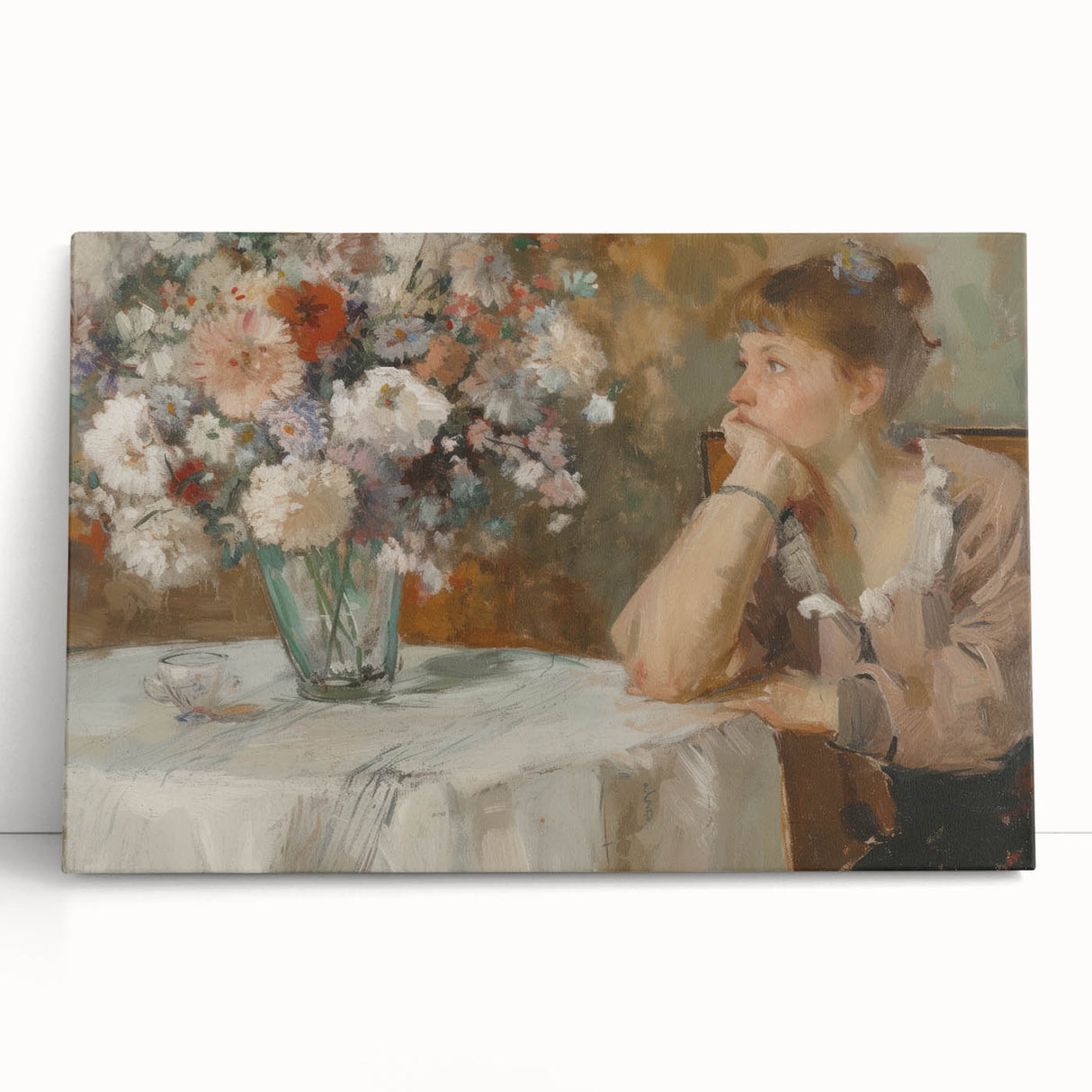Abstract figurative stretched canvas art featuring vibrant colors and dynamic shapes, leaning against a neutral wall, adding a contemporary touch to any decor.