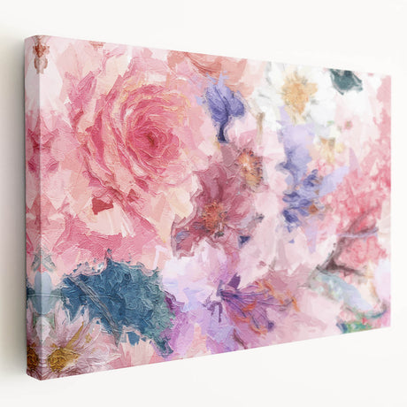 Stretched canvas artwork showcasing vibrant abstract florals in shades of pink and green, viewed from the side, ideal for modern home decor.