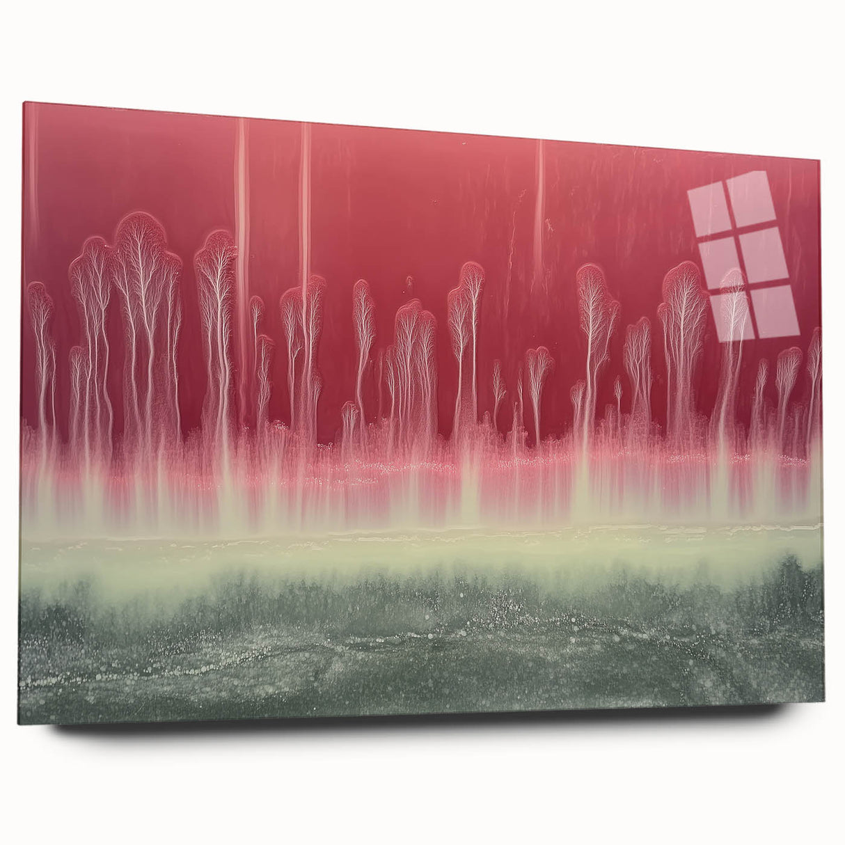 Abstract landscape design showcased in an acrylic glass frame, highlighting vibrant colors and fluid shapes, ideal for modern home decor. The side view emphasizes the sleekness and depth of the artwork, adding a contemporary touch to any space. Perfect for art enthusiasts seeking a unique focal point.
