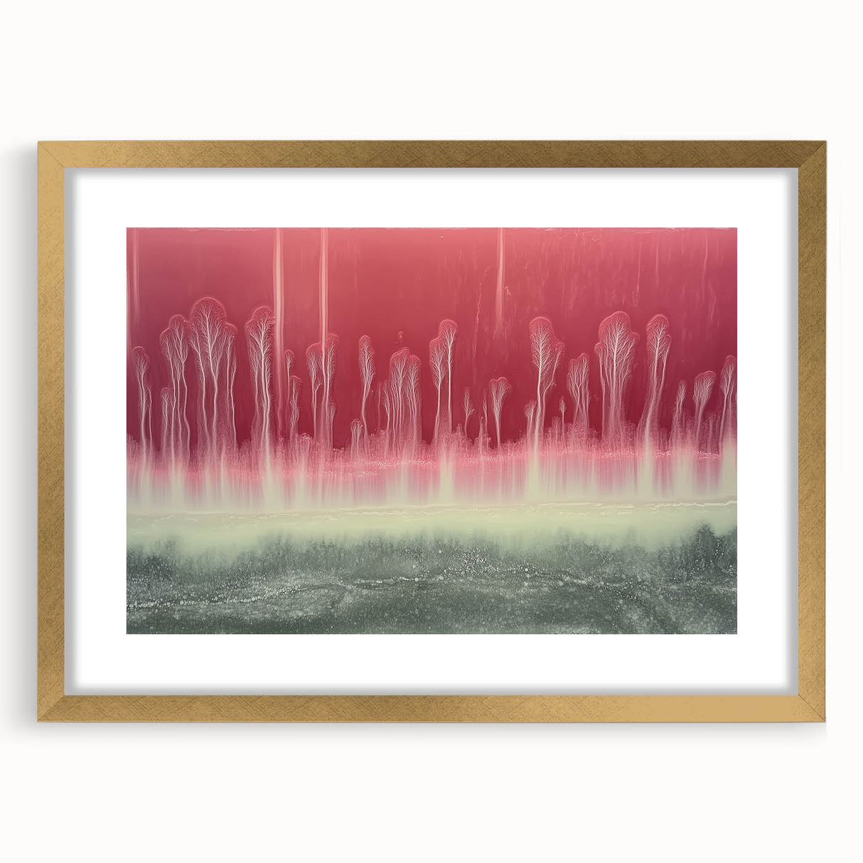 Abstract landscape artwork framed in elegant gold, showcasing vibrant colors and textures, perfect for enhancing modern home decor. Ideal for art enthusiasts seeking a stylish focal point.