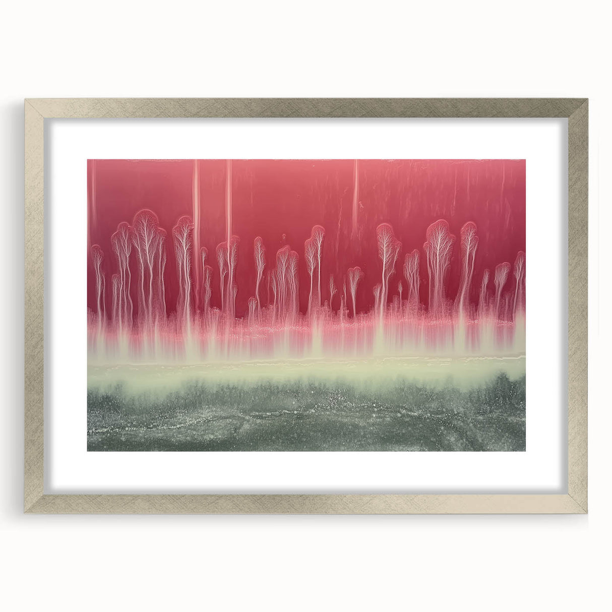 Abstract landscape artwork framed in a sleek silver frame, featuring a soft color palette of blues and greens, perfect for modern home decor. Mat included for added elegance.