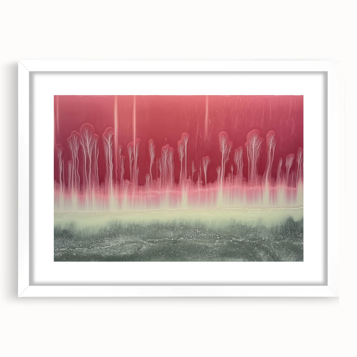 Abstract landscape artwork framed with a white mat, showcasing soft colors and fluid shapes. Ideal for modern home decor, adding elegance to any space.